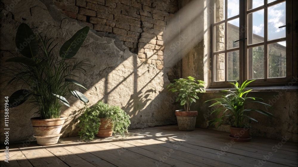 Poster An artistic view showcasing the interplay of shadows cast by light through a window highlighting the rough edges of exposed insulation next to potted plants.