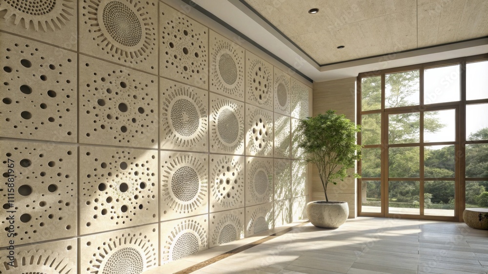 Poster An artistic shot of a wall displaying a pattern of holes in preparation for floating shelves illuminated by natural light streaming through a nearby window.