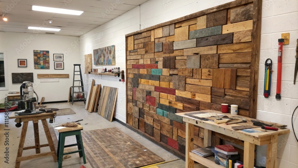 Poster an artistic studio with an accent wall constructed from a patchwork of wood pieces showcasing both p