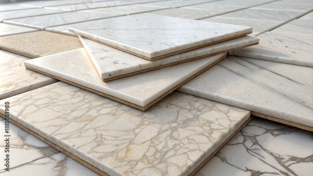 Poster An artistic perspective showing a pile of marble tiles with one tile slightly tilted revealing its pristine polished surface and natural patterns.