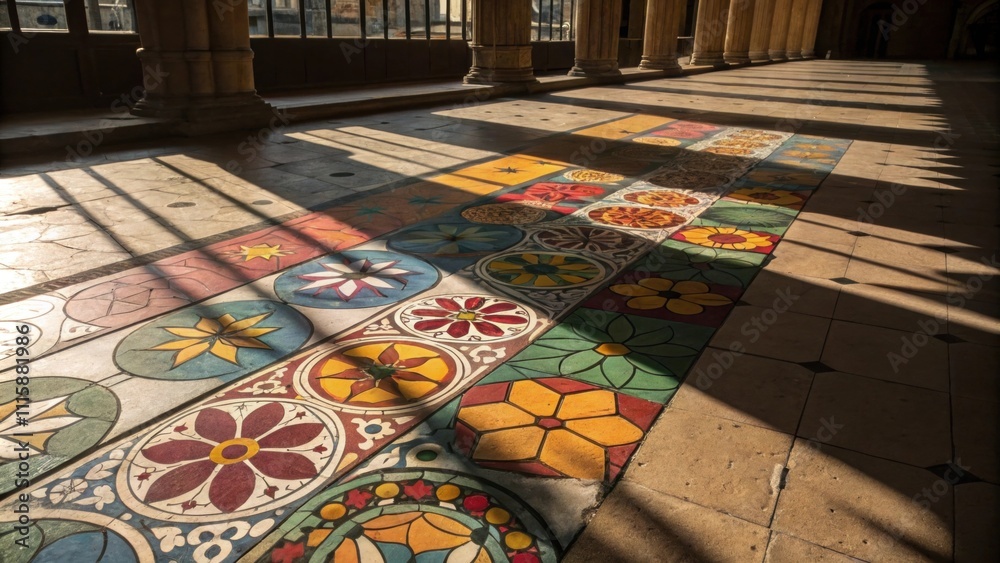 Aufkleber An artistic shot capturing a vibrant array of colorful tile spacers spread out across a sunlit floor with shadows creating a pattern around them.