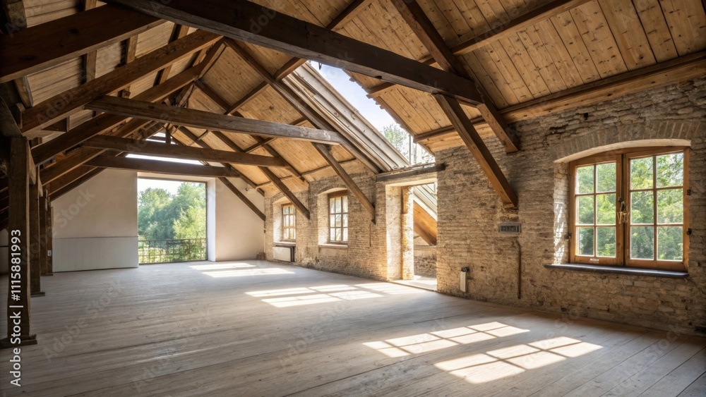 Fototapete An artistic loft space showcases a captivating interplay of light and shadows with the raw textures of the exposed beams contrasting elegantly with smooth fresh insulation.