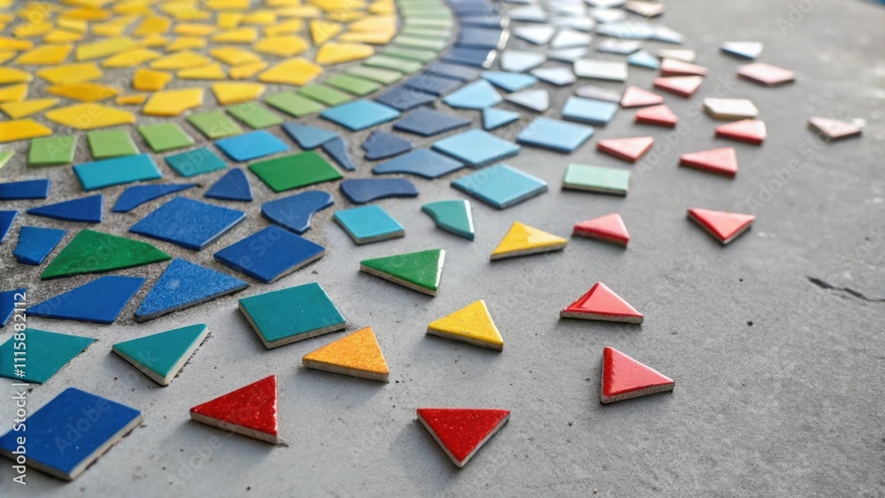 Aufkleber an artistic arrangement of colorful tile shards spread across a grey surface with some pieces gliste
