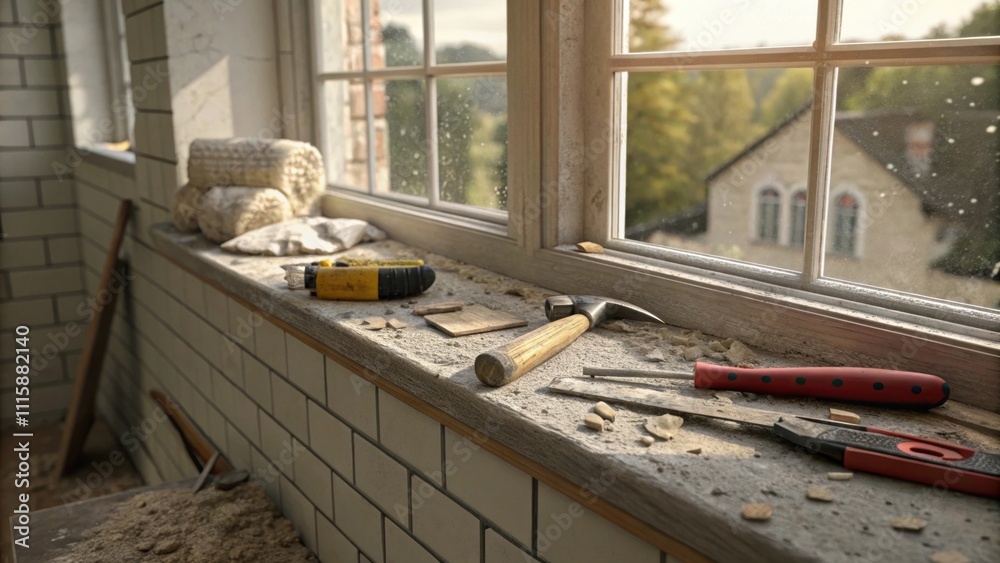 Aufkleber An artistic angle focuses on a window sill surrounded by tools with fresh grout peeking out of the edges illustrating the ongoing renovation process.