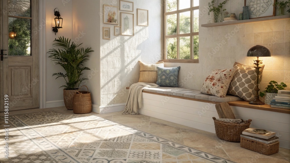 Poster an artfully staged shot of the underlayment in a corner of a cozy nook where natural light casts sha