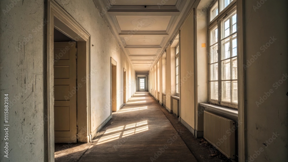 Aufkleber A narrow hallway with a cascade of removed baseboards lining the edges emphasizing the dimensionality of the space as sunlight filters through the windows.
