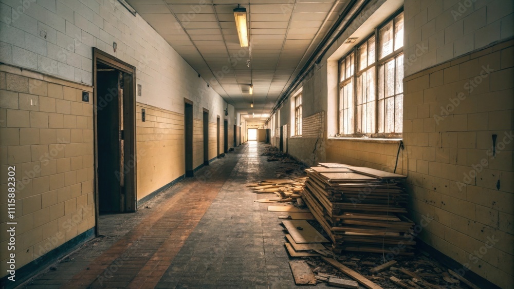 Aufkleber A narrow corridor lined with a growing mountain of abandoned laminate flooring casting long shadows under the overhead lights as if waiting for a new purpose.