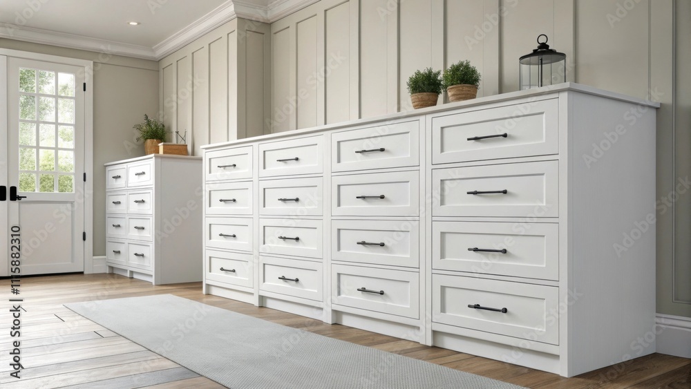 Poster An array of cabinetry drawers finished in a matte white arranged in a clean and orderly fashion on the floor with a backdrop of freshly painted walls.