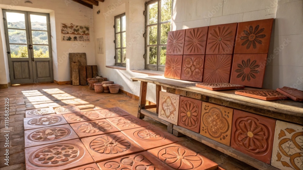 Poster An array of terracotta tiles some stamped with floral patterns organized in a sunlit room evoking a warm Mediterranean vibe for an upcoming renovation.