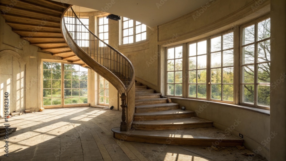 Poster an angling shot of a halffinished staircase curving gracefully in front of large unadorned windows s