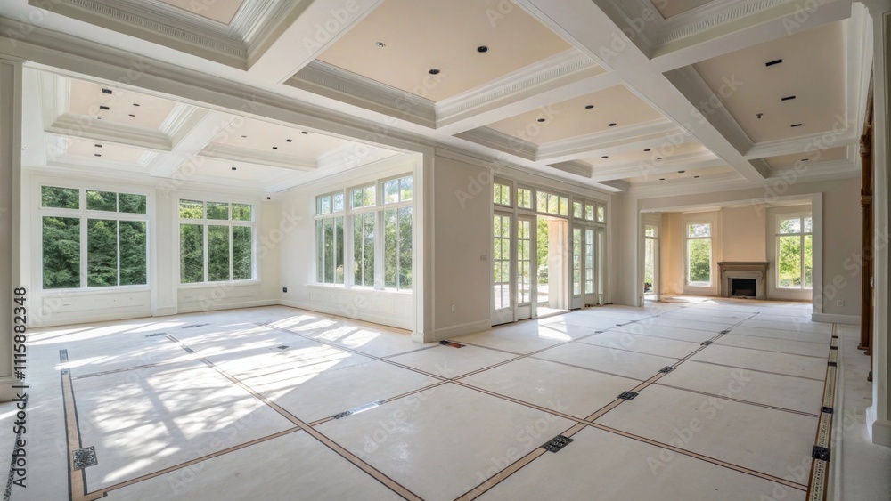 Poster An angle shot of a room with seamless drywall pristine floors ready for parquet and an array of natural lighting accentuating the clean surfaces.