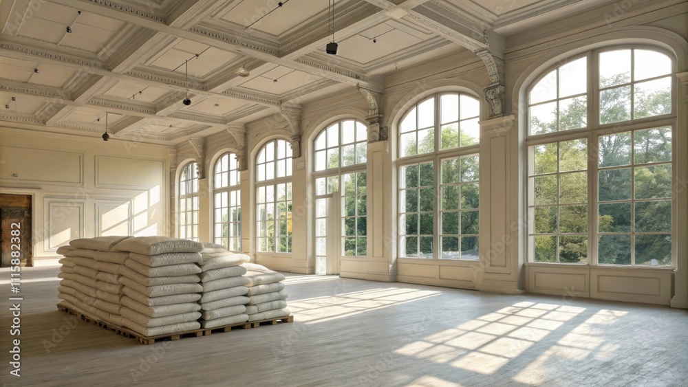 Aufkleber An airy space with vaulted ceilings and large windows filled with natural light where neatly arranged stacks of insulation create a focal point amidst the emptiness.