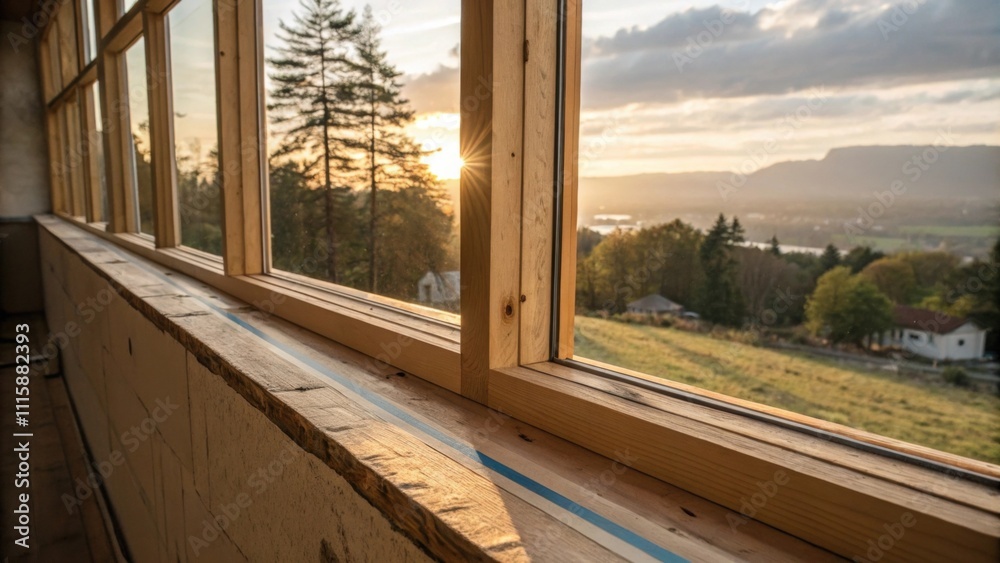 Leinwandbilder An airy window ledge with protective tape neatly lining the edges framed by unfinished woodwork and casting gentle shadows during the golden hour.