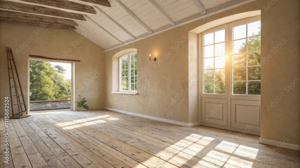 Aufkleber An airy and bright room with soft beige walls and an unfinished floor where sunlight reflects off the surfaces creating a warm glow around the single window.