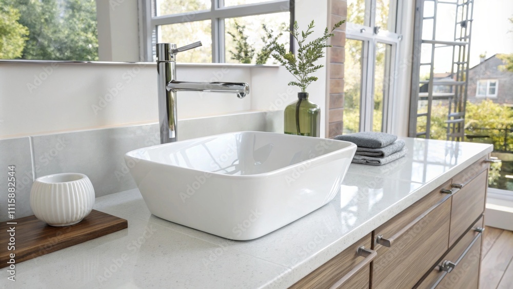 Poster an airy bright space with a white porcelain sink mounted on a sleek laminated countertop showcasing 