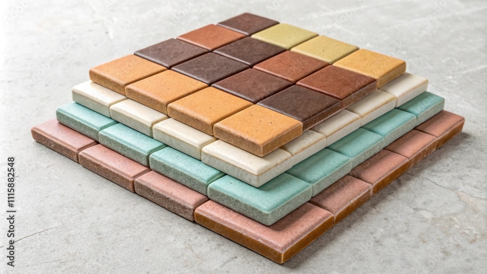 Poster An aerial shot of a carefully arranged stack of square tiles in various shades showcasing a harmonious blend of earth tones and pastel accents.
