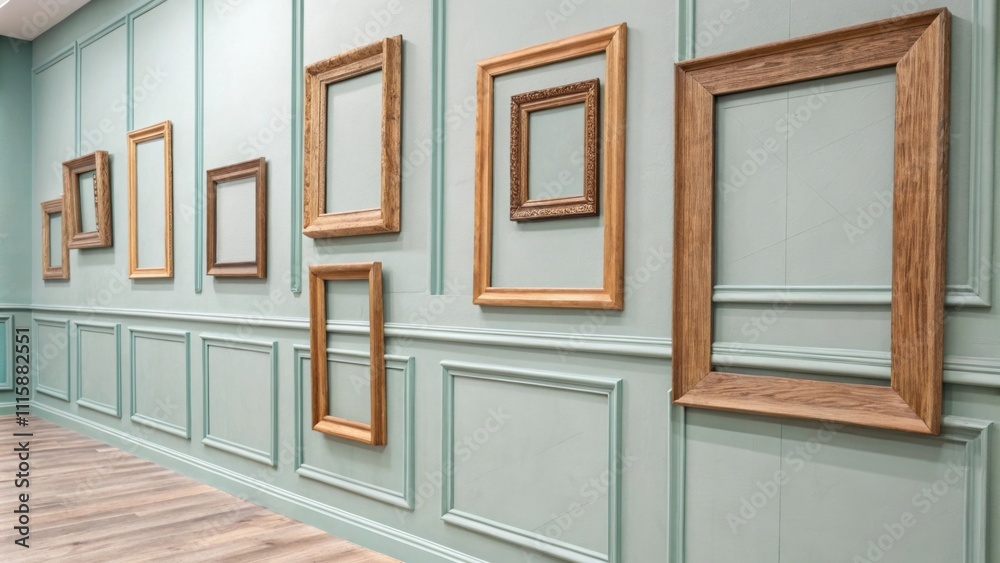 Aufkleber A muted pastel wall adorned with wooden framed moldings each panel slightly different in size creating a visually interesting display.