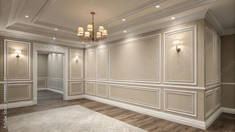 Poster a muted color palette outlines an empty corner where a delicate piece of crown molding awaits final 