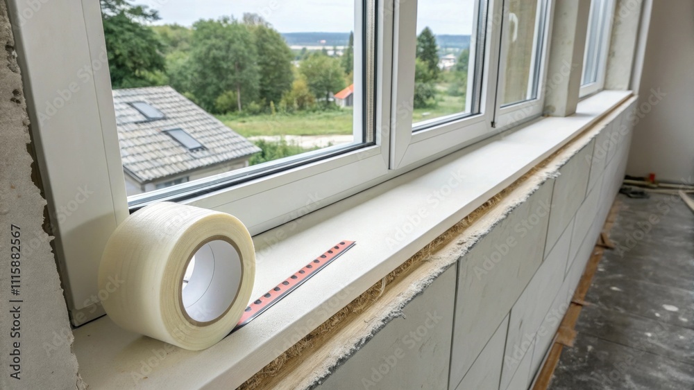 Poster a modern window ledge lightly coated with protective tape contrasting starkly against sleek unfinish