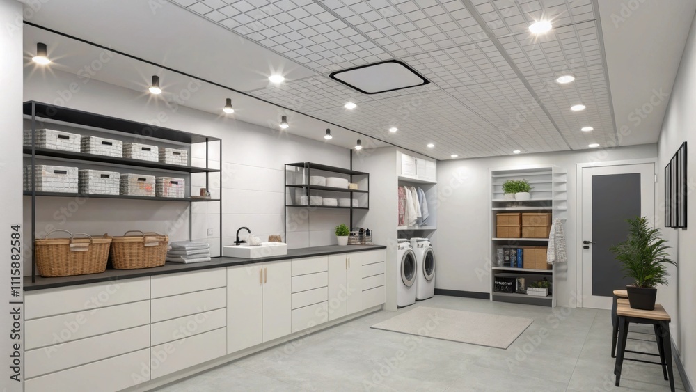 Leinwandbilder A modern utility room featuring a practical ceiling track with efficient recessed lights providing optimal lighting over shelves and work areas to streamline daily tasks.