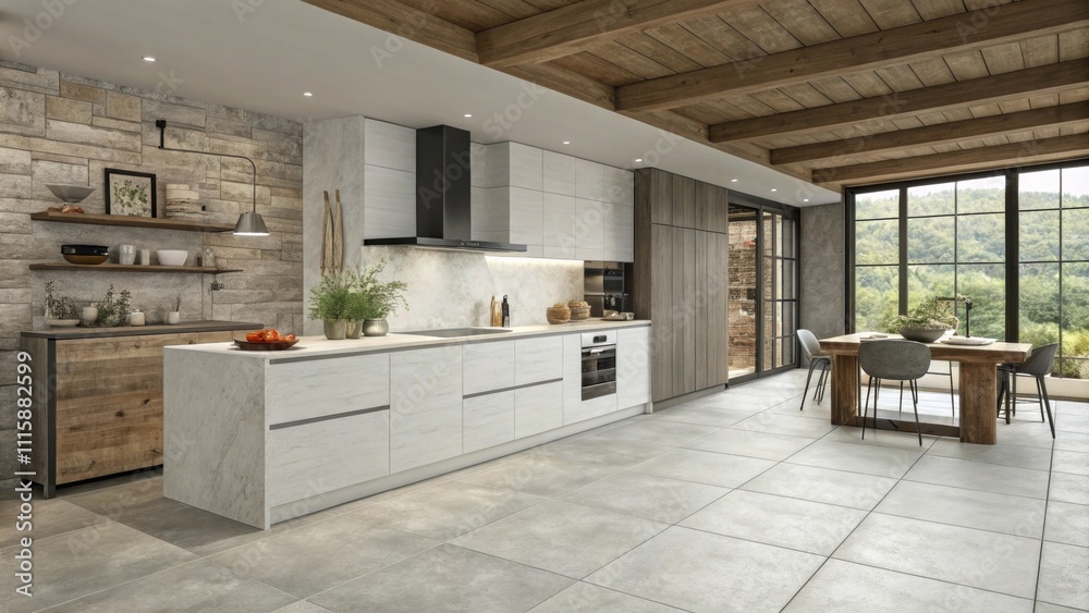 Poster a modern rustic kitchen featuring largeformat tiles in shades of gray and white. the freshly grouted