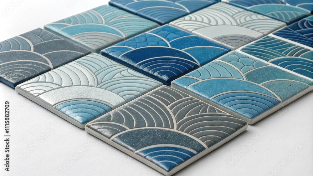 Aufkleber A modern collection of small tiles featuring abstract patterns in shades of blue and gray arranged artistically to create visual interest and depth on a neutral surface.