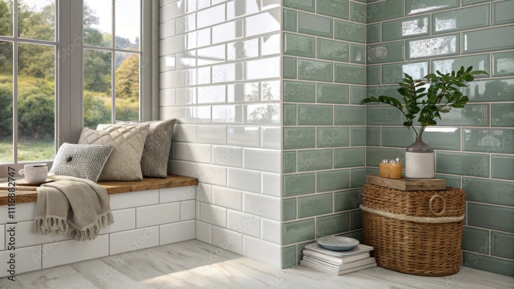 Poster A modern corner vignette with glossy subway tiles stacked vertically in varying sizes reflecting natural light and adding depth to the room.