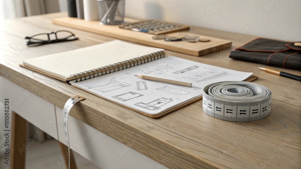 Poster A minimalist workspace featuring a wooden desk with a partially roll of wallpaper measuring tape and a notebook filled with sketches of design ideas.