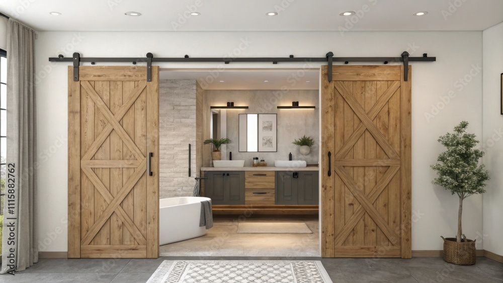 Aufkleber A modern bathroom is enclosed by elegant barnstyle sliding doors on a rustic track system offering a unique blend of charm and functionality.