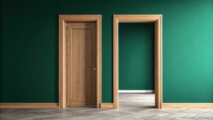 A minimalist wooden door frame in bright oak contrasting sharply with dark green walls enhancing the modern aesthetic of the space.