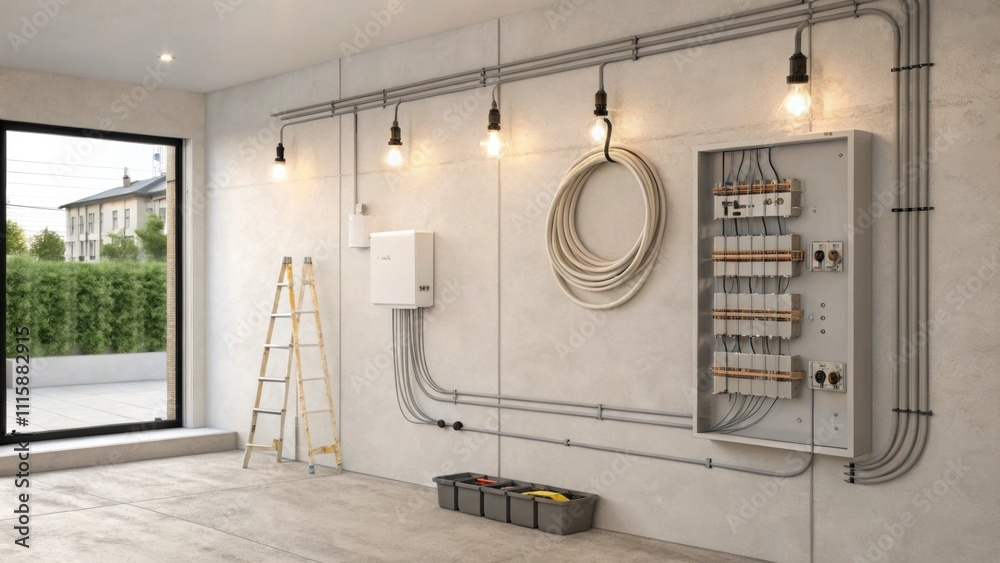 Poster A minimalist wall with visible light fixture wiring prepared for the installation process showcasing a fusion of aesthetic simplicity and functionality in sound.