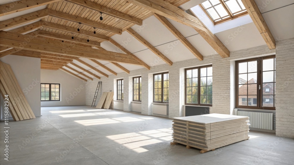 Poster a modern empty room with wooden rafters above highlighting a neat arrangement of drywall sheets slow