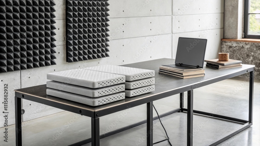 Poster A minimalist workspace with stacks of sounddampening panels resting on a sleek industrialstyle table highlighting the juxtaposition of textures.