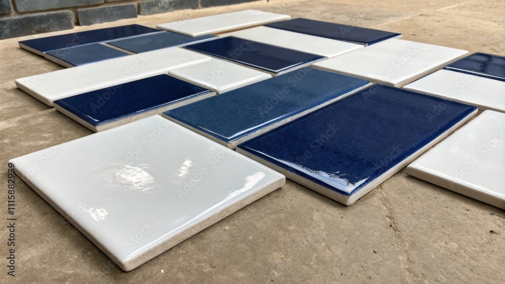 Aufkleber A mixed collection of glossy and matte tiles in varying sizes some stark white and others deep navy forming a contrasting composition on a dusty floor.