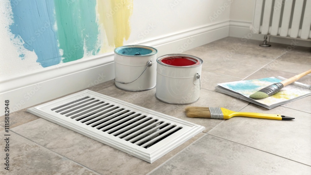 Aufkleber A minimalist vent cover p on a charming tiled floor surrounded by open paint cans and brushes with a splash of color dripping down from a freshly painted wall.