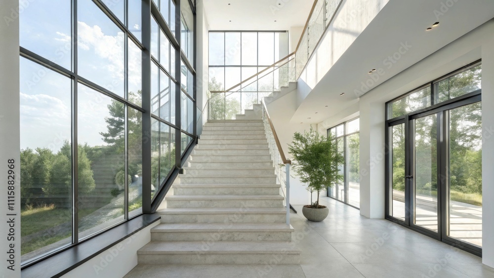 Aufkleber A minimalist staircase with clean lines and a sleek sanded surface surrounded by large windows that allow natural light to flood in.