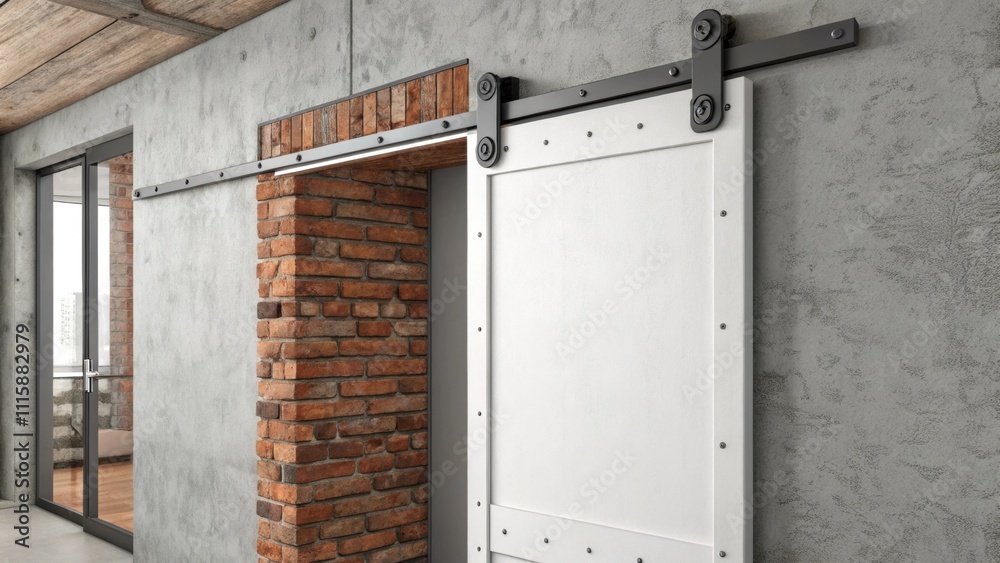 Poster a minimalist sliding door track fixed on a textured gray wall complementing the industrialinspired d