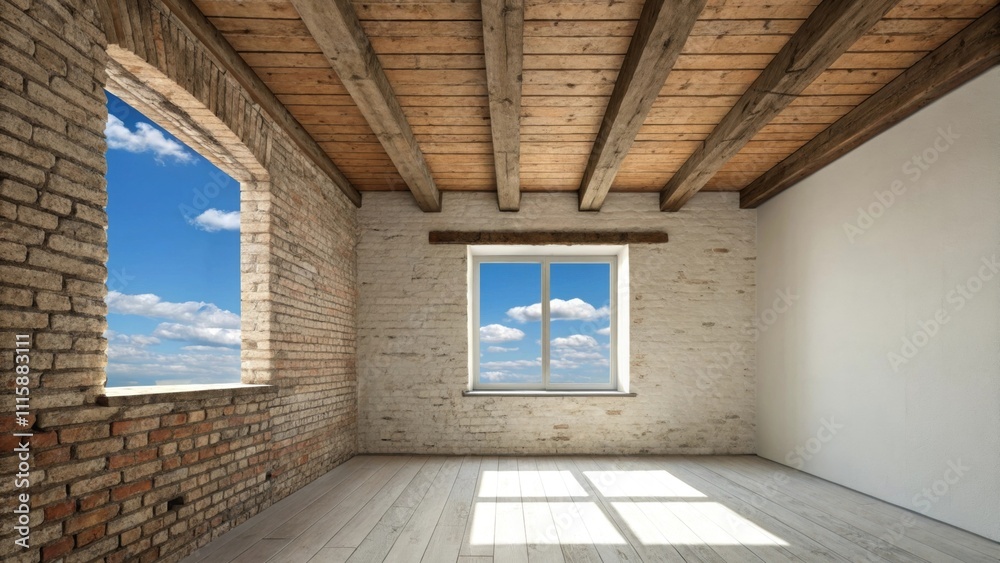Poster a minimalist room that showcases exposed brick walls and a wooden beam ceiling with a single window 