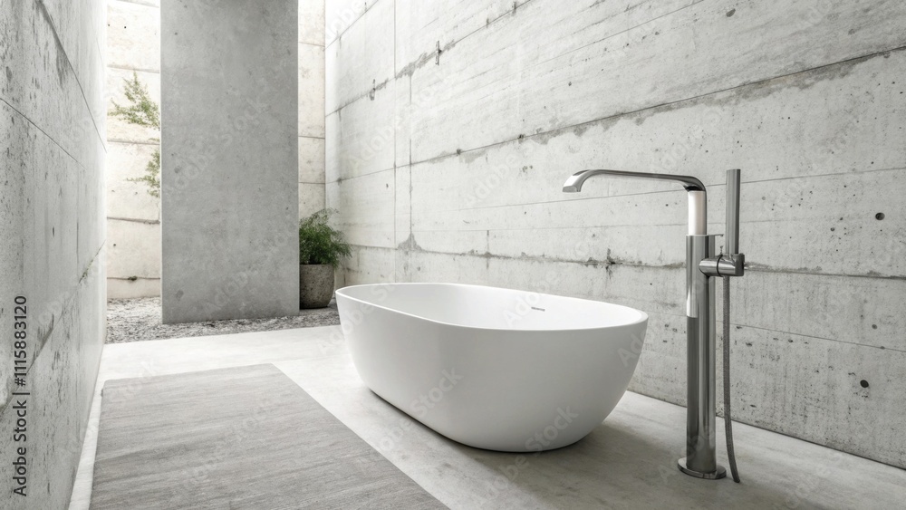 Aufkleber A minimalist onehandle faucet in an allwhite bathroom featuring brushed concrete walls providing a clean and serene atmosphere.