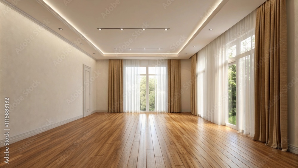 Poster A minimalist room featuring a smooth freshly polished wooden floor that stretches out towards the walls where soft natural light filters in through curtains.
