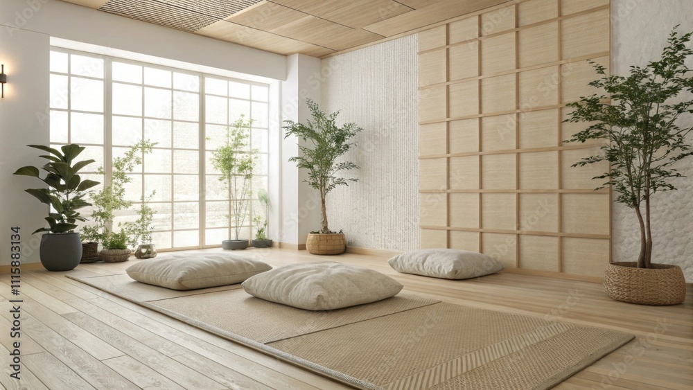 Poster a minimalist meditation space adorned with soft beige soundproofing foam layered with a light wooden