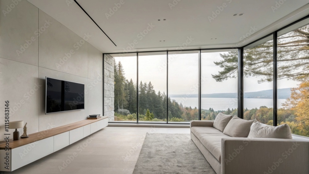 Aufkleber a minimalist living room showcasing an oversized window with immaculate weatherproofing seals creati