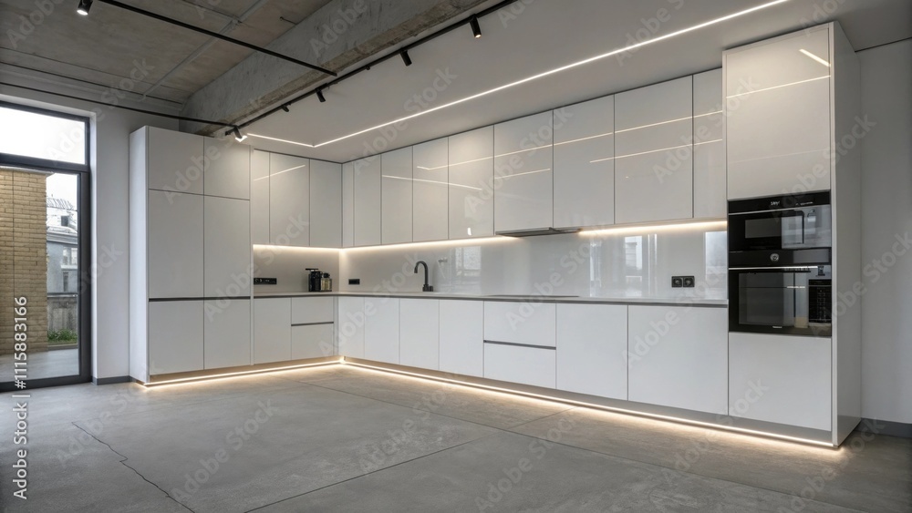 Poster A minimalist kitchen setting featuring unobtrusive LED strips installed beneath glossy cabinets enhancing the rooms spacious feel.