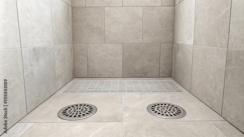 Aufkleber A minimalistic shower area with a smooth matte finish tile in soft gray tones showcasing two circular drains p at opposite corners for efficient water flow.