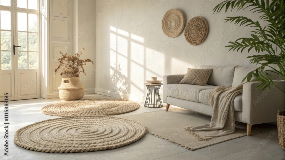 Aufkleber a minimalistic living area with a soft neutral color palette highlighting a pair of intricately wove