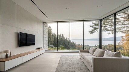 A minimalist living room showcasing an oversized window with immaculate weatherproofing seals creating a seamless integration into the wall design.