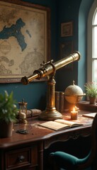Vintage study room with telescope and globe on wooden desk