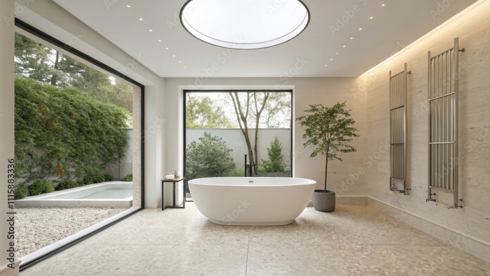 Poster a minimalist bathroom with a newly installed freestanding tub perched on a smooth polished stone flo