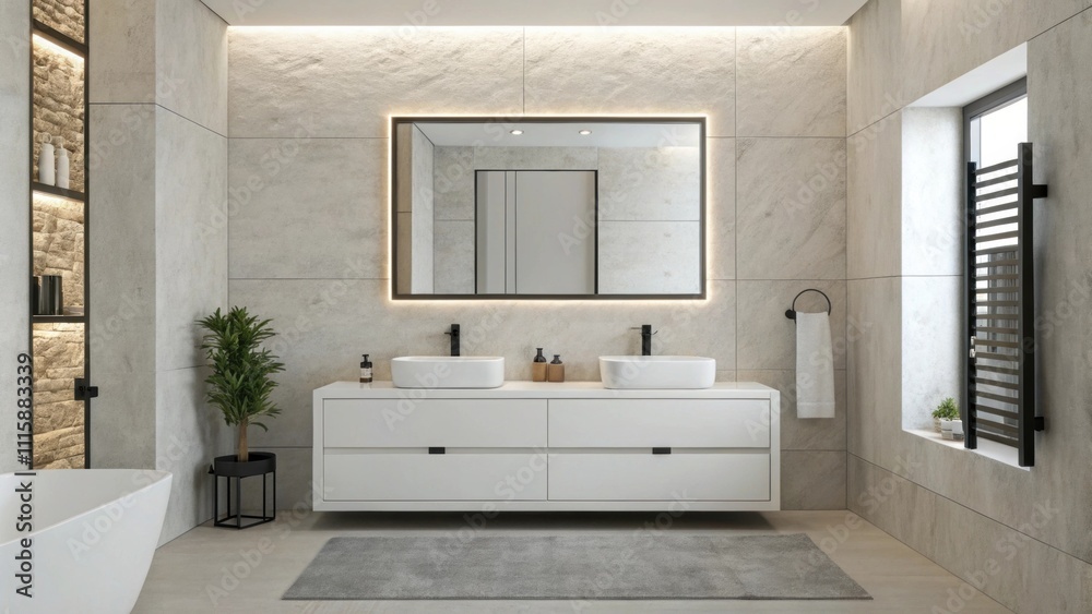 Aufkleber A minimalist bathroom showcasing a squareshaped vanity in pure white with contemporary angular fixtures mounted on both sides contributing to a clean streamlined look.
