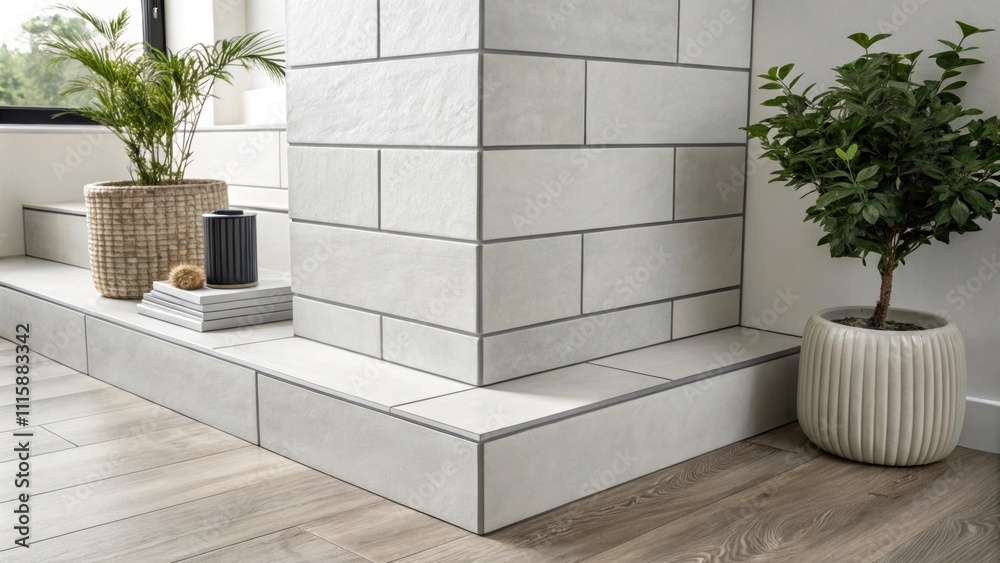 Poster a minimalist corner featuring a monochromatic stack of mattefinish tiles highlighting sleek lines an